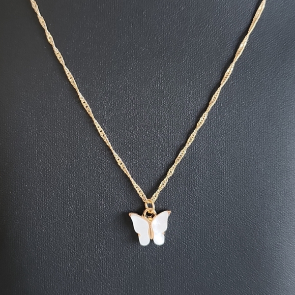 Gold Tone White Butterfly Pendant Necklace - Picture 4 of 11